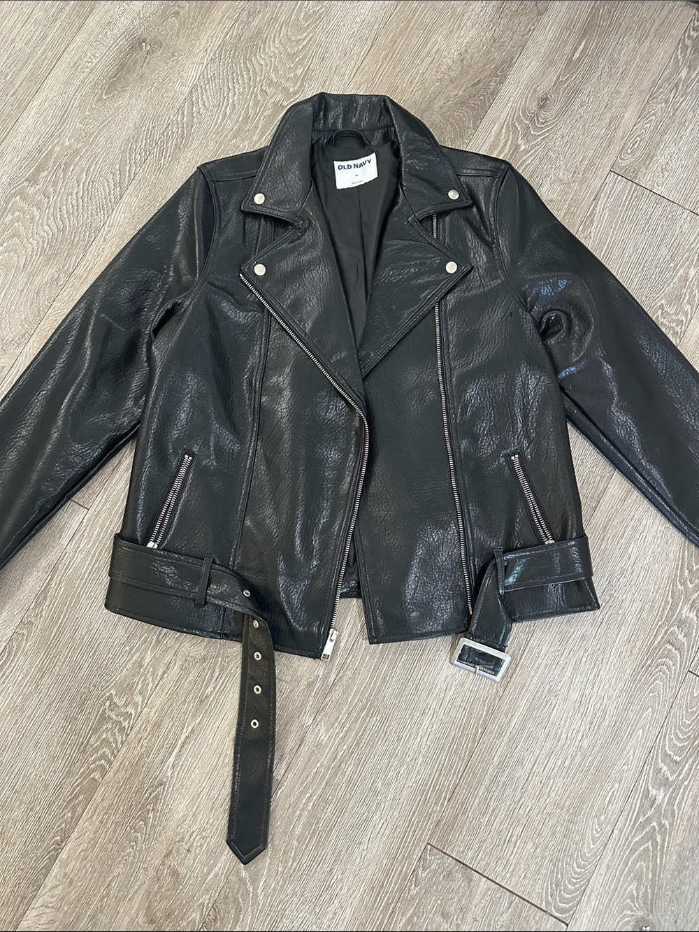 Old Navy Black Faux Leather Biker Jacket with Belt